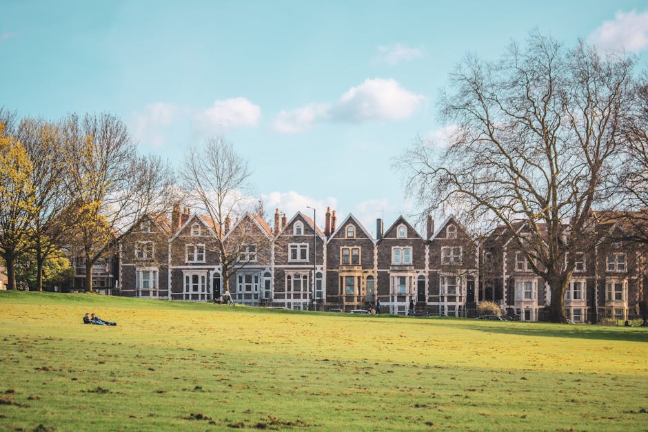A wide view of a residential area near Clapham Common showing a row of traditional terraced houses with brick and stone facades, multiple stories, and pitched roofs. In the foreground, a large green park area is visible with a few people sitting on the grass, possibly relaxing or preparing for a home relocation. A large, leafless tree stands on the right side of the image, and a smaller tree with early spring foliage is on the left. The sky is blue with scattered clouds, indicating clear weather suitable for moving activities. Inside this setting, a removal van from Removal Van Clapham is parked close to the pavement, partially visible on the right, with the back doors open. Several cardboard boxes and packing materials are being loaded from the van into the house, with some furniture and wrapped items visible near the doorway, indicating a furniture transport and packing process as part of the house removals service. The environment suggests an outdoor loading process during a professional home removal, with equipment like trolleys and blankets possibly being used for furniture transport.